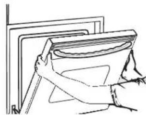 Line drawing of a hand holding a large cylindrical object inside a container (no text or symbols)