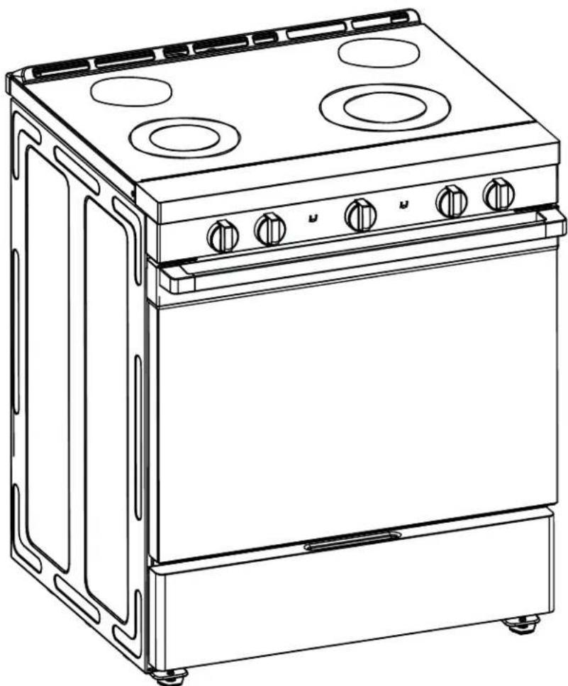 Line drawing of a simple electric stove with four burners and top cabin (no text or symbols)