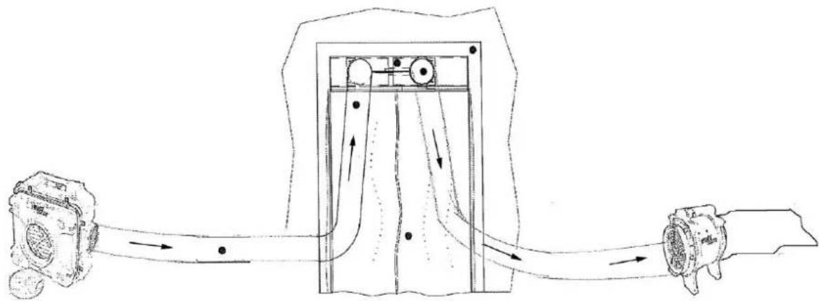 Technical line drawing of a mechanical device with internal components and fluid flow arrows (no text or symbols)