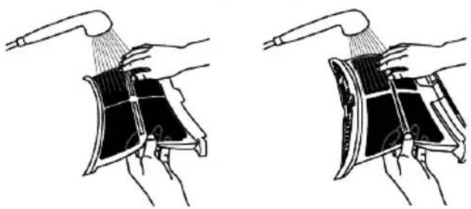 Illustration of two hands using a showerhead to lift a device (no text or symbols present)