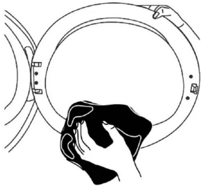 Line drawing of a hand cleaning a circular object with a cloth (no text or symbols)