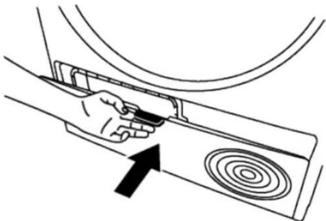 Line drawing of a hand holding a device with an arrow pointing to a circular component (no text or symbols)