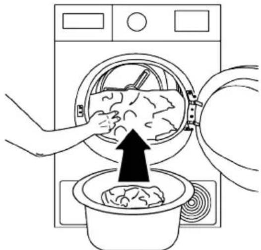 Line drawing of a washing machine with hands inserting a bag into a basin (no text or symbols)
