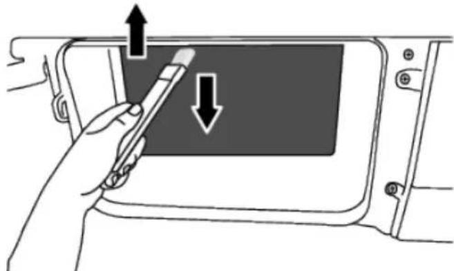 Illustration of a hand holding a pen inside a vehicle's door panel, with arrows indicating direction (no text or symbols)