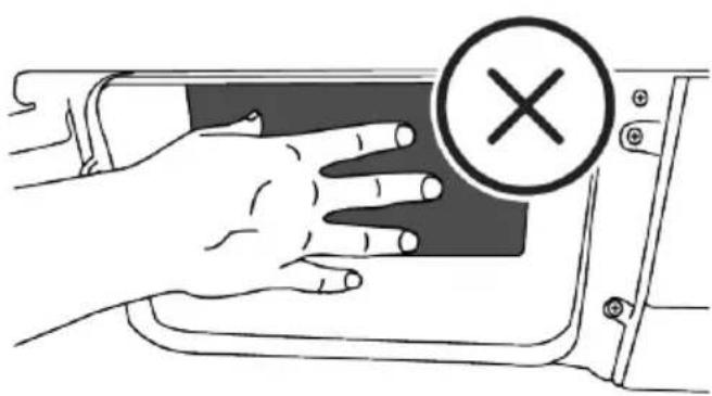 Illustration of a hand pressing down on a vehicle door panel with a circular mark containing an 'X' symbol (no text or labels)