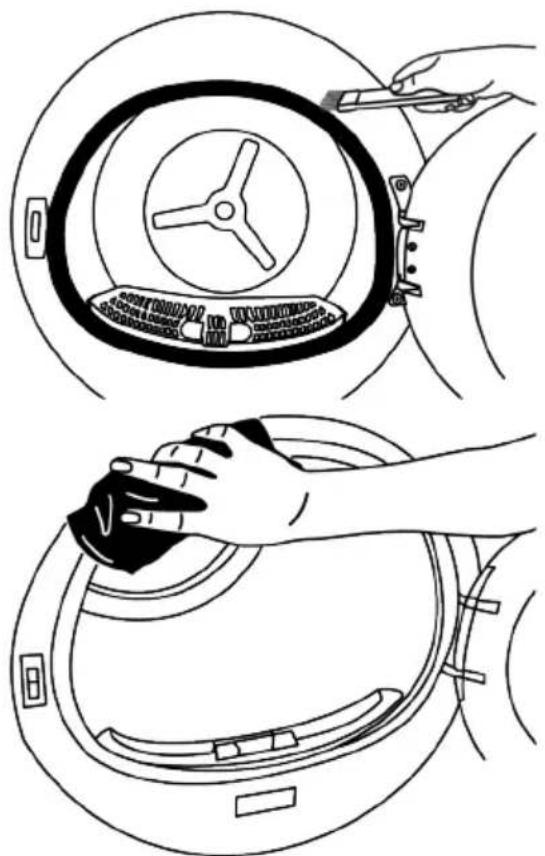 Line drawing showing hand cleaning a washing machine with a circular dial and handle (no text or symbols)