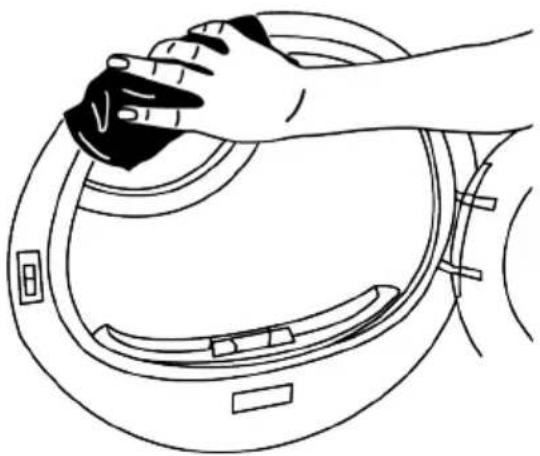Line drawing of a hand cleaning a circular device with a black tool, no text or symbols present