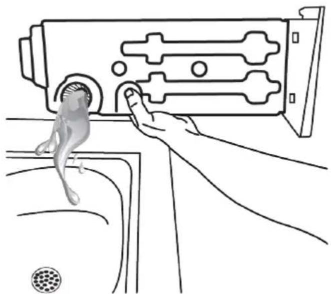 Line drawing of a hand pressing down on a device component with a small fish nearby (no text or symbols)