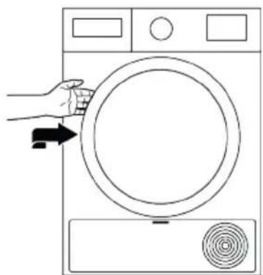 Line drawing of a hand opening a circular washing machine with a scroll wheel (no text or symbols)