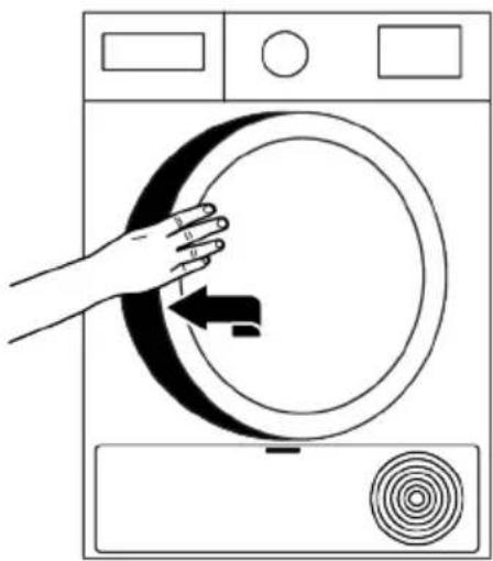 Line drawing of a hand pressing down on a circular washing machine with a spiral pattern (no text or symbols)