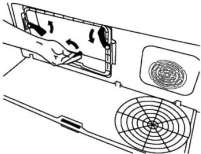 Diagram showing a hand inserting air filters into a device panel with a fan blade (no text or symbols)