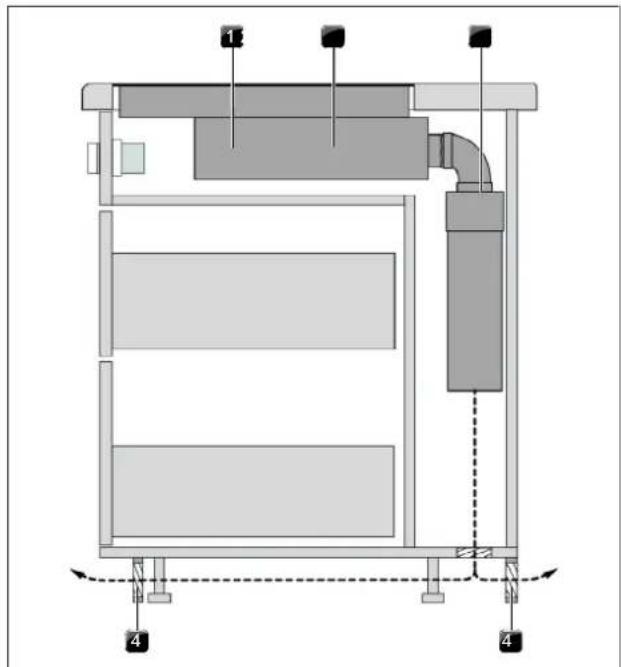 Technical diagram of a mechanical device with labeled components and directional arrows (no text or symbols)