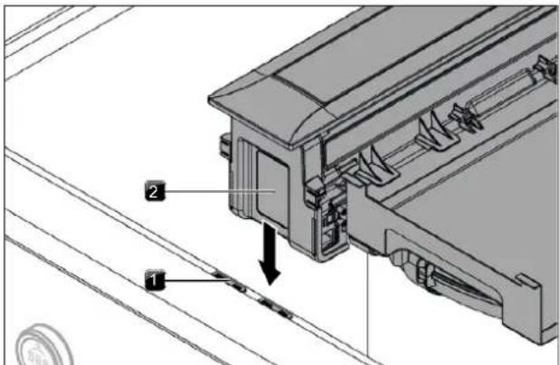 Technical diagram showing mechanical assembly with labeled parts 1 and 2, likely illustrating a component or assembly process.