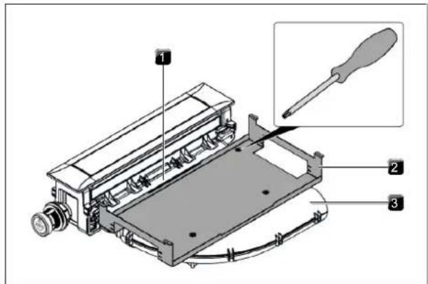 Technical diagram of a mechanical device with labeled parts and an inset showing a screwdriver inserted into a housing.