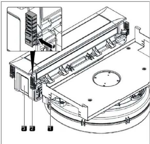 Technical diagram of a mechanical assembly with numbered parts and an inset showing a component detail.