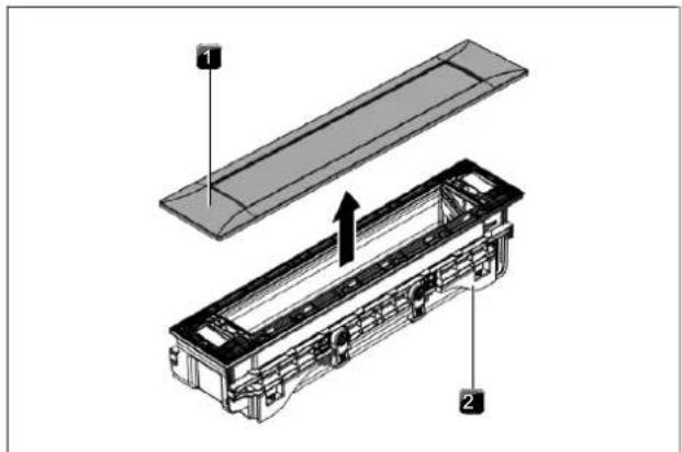 Technical diagram of a mechanical assembly with labeled components 1 and 2, showing internal structure and directional arrow.