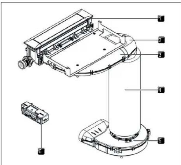 Technical diagram of a mechanical device with numbered components and a separate labeled component