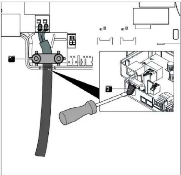 Diagram showing cable connection to a device with labeled parts and an inset close-up of internal components