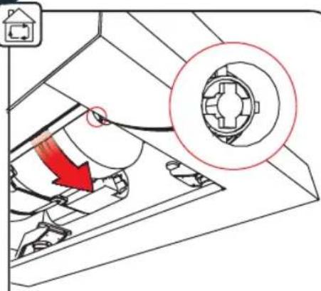 Technical diagram of a mechanical assembly with a red arrow indicating direction and a magnified inset showing a gear-like component (no text or symbols)