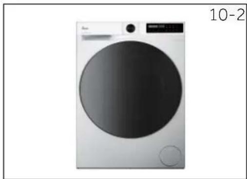 Front view of a white washing machine with black circular front panel and control buttons (no visible text or symbols)