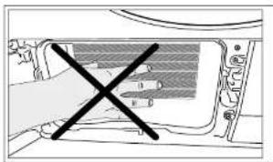 Diagram showing a hand crossed out of a device panel with labeled components and a cross symbol indicating failure or rejection.