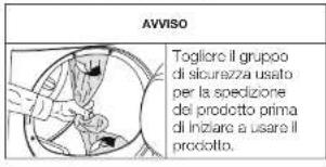 AVVISO Togliere il gruppo di sicurezza usato per la spedizione del prodotto prima di iniziare a usare il prodotto.