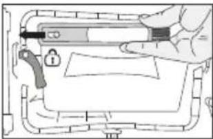 Diagram of a hand holding a tool inside a device casing, with no visible text or symbols