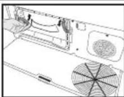 Technical line drawing of a refrigerator interior showing fan, vent, and door (no text or symbols)