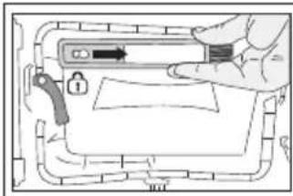 Diagram showing a hand holding a device with a lock and directional arrow, labeled 'HOT' at the bottom.