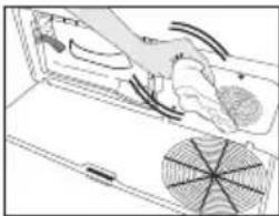 Diagram of a hand pressing down on a fan blade with motion lines indicating airflow (no text or symbols)