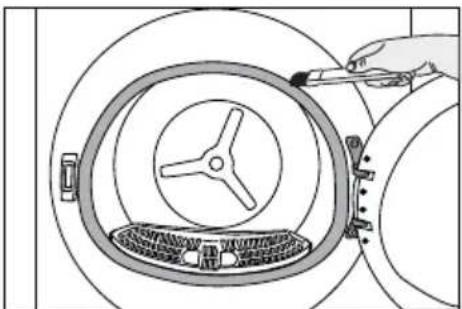 Diagram of a hand using a tool to clean or install a circular component with a central hub (no text or symbols)