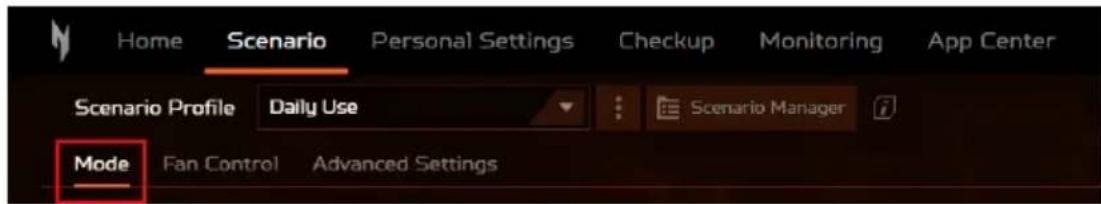 Home Scenario Personal Settings Checkup Monitoring App Center Scenario Profile Daily Use Scenario Manager Mode Fan Control Advanced Settings