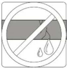 Cross-sectional diagram of a prohibited sign with a diagonal line and droplet symbols (no text or labels)