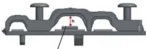 Mechanical component diagram showing a bracket with mounting holes and a central height dimension labeled 'h' (no text or symbols beyond the label)