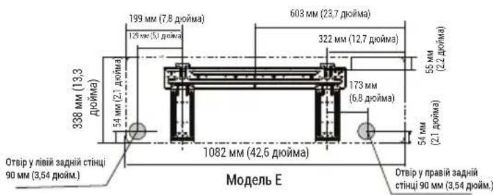 199 mm (7,8 дюйма) 603 mm (23,7 дюйма) 322 mm (12,7 дюйма) 55 mm (2,2 дюйма) 338 mm (13,3 дюйма) 54 mm (2,1 дюйма) 173 mm (6,8 дюйма) 56 mm (2,1 дюйма) 1082 mm (42,6 дюйма) Отвір у лівій задній стінці 90 мм (3,54 дюйм.) Отвір у правій задній стінці 90 мм (3,54 дюйм.) Модель E