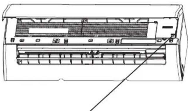 Technical line drawing of an air conditioner unit with internal panel structure (no text or symbols)
