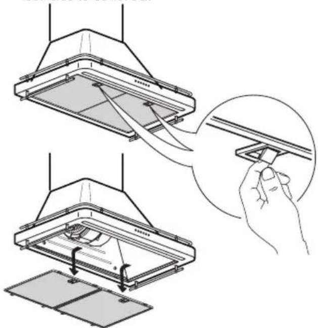 Diagram showing two steps of a device's internal structure, with a magnified inset highlighting the hand interacting with a clip (no text or symbols present)