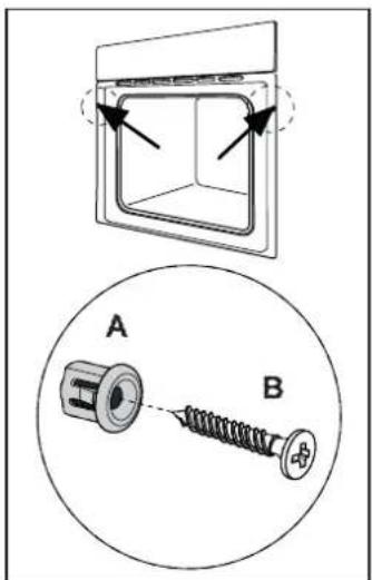 Diagram showing a square component with arrows indicating direction and a magnified view of a screw with labeled parts A and B.