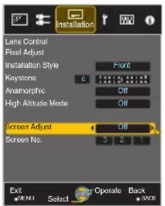 Lans Control Pixel Adjust Installation Style Keystone Anamorphic High Altitude Mode Screen Adjust Screen No. Exit Select Our Operate Back OK