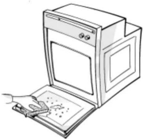 Line drawing of an open oven with a hand holding a tool near the lid (no text or symbols)