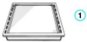 Simple 3D illustration of a rectangular tray with dashed inner edges, labeled with number 1 (no text or symbols on the tray itself)