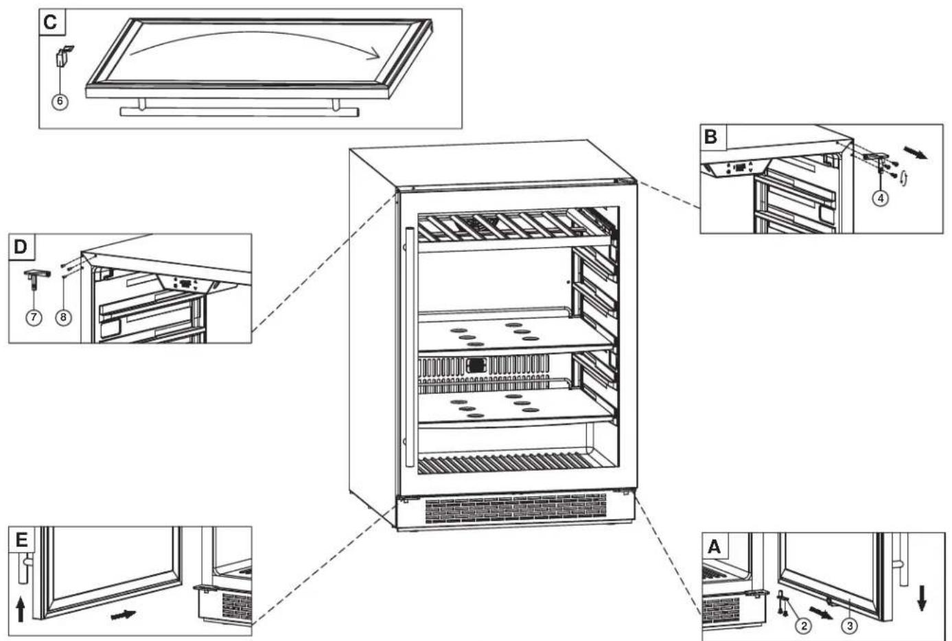 Technical diagram of an oven with labeled components and airflow indicators, showing internal structure and assembly steps.