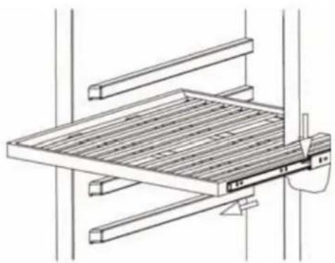 Technical line drawing of a metal shelving unit with horizontal bars and a hanging control panel (no text or symbols)