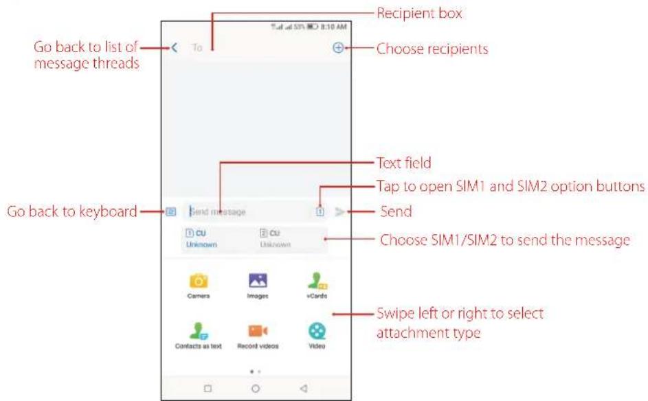 Go back to list of message threads To Recipient box Choose recipients Text field Tap to open SIM1 and SIM2 option buttons Send Go back to keyboard Send message CU Unknown CU Unknown Camers Images vCards Contacts as text Record videos Video Swipe left or right to select attachment type