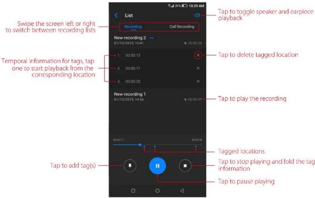 List Recording Call Recording Swipe the screen left or right to switch between recording lists New recording 2 01/18/2018, 15:41 00:00:28 Temporal information for tags, tap one to start playback from the corresponding location 1. 00:00:13 2. 00:00:17 3. 00:00:35 Tap to delete tagged location New rec…