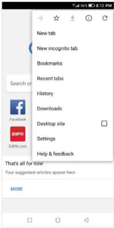 New tab New incognito tab Bookmarks Recent tabs History Downloads Desktop site Settings Help & feedback Search or Facebook ESPN ESPN.com That's all for now Your suggested articles appear here MORE