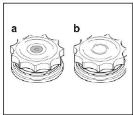 Two mechanical gear components labeled a and b, shown from different angles (no text or symbols on the gears themselves)
