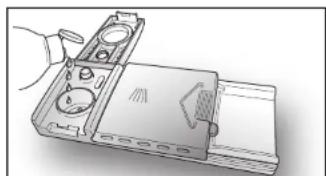 Illustration of a hand holding a device with a circular button and a triangular screen (no text or symbols visible)