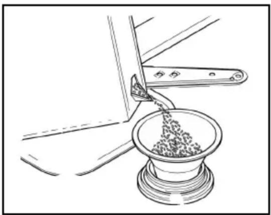 Line drawing of a mechanical device pouring granular material into a bowl (no text or symbols)
