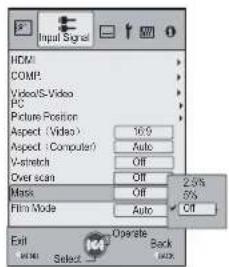 Input Signal HDMI COMP. Video/S-Video PC Picture Position Aspect (Video) Aspect (Computer) V-shrink Over scan Mask Film Mode 2.5% 5% Off Exit Select Operate Back